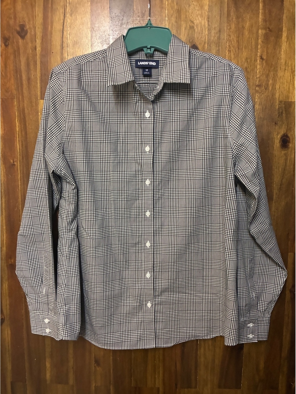 Lands' End No Iron Supima Cotton Gingham Button Down Shirt Women’s Large Size 12